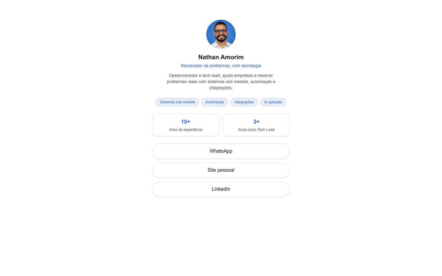 Página de perfil público do Trem de Links, com avatar, cards de destaque e botões de link